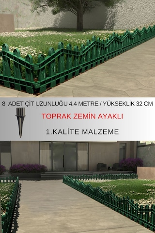 Dekoratif Plastik Bahçe Ve Peyzaj Çiti 8 Adet Çit Y: 32 Cm / G: 4.4 M Toprak Ayaklı - Yeşil