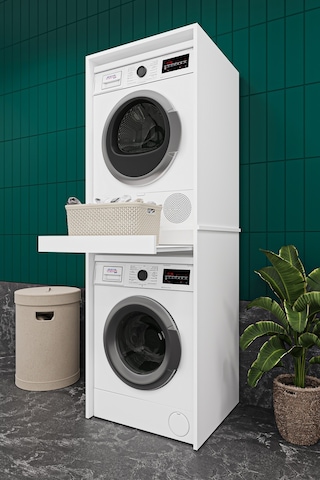 Asra Trend Çamaşır ve Kurutma Makinesi Dolabı BD05 %100 MDF Çekmeceli Raf Beyaz