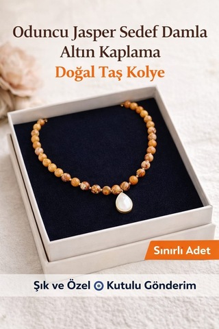 Oduncu Jasper Sedef Damla Altın Kaplama Doğal Taş Kolye Kahverengi