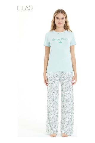 Lılac Kadın Çiçek Desenli %100 Viscon Pijama Takımı Mint Mint