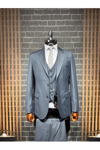 Dupont Classics Dupont Erkek Slim Fit 6 Drop Filafil Viskon Sivri Yaka Çift Yırtmaç Yelekli Takım Elbise Çelik Mavisi