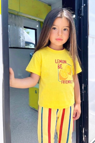 Monila Unisex Çocuk Pamuklu Sarı Limon Baskılı T-shirt Ve Eşofman Alt Üst Takım