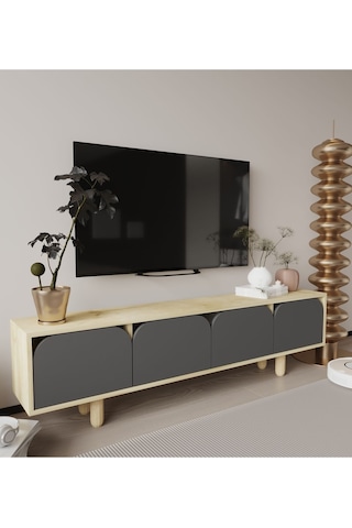 Lazio Bohem Ahşap Ayaklı Tv Ünitesi Tv Sehpası Safir Meşe-antrasit