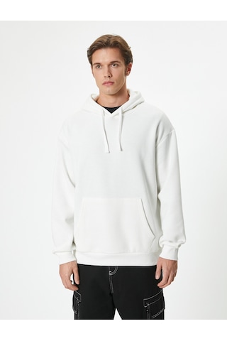 Koton Oversize Sweatshirt Kapşonlu Uzun Kollu Kanguru Cep Detaylı Şardonlu Beyaz 5wam70017mk Beyaz