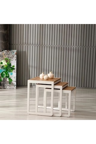 Doğal Ahşap Masif Panel Üçlü Zigon Sehpa Beyaz