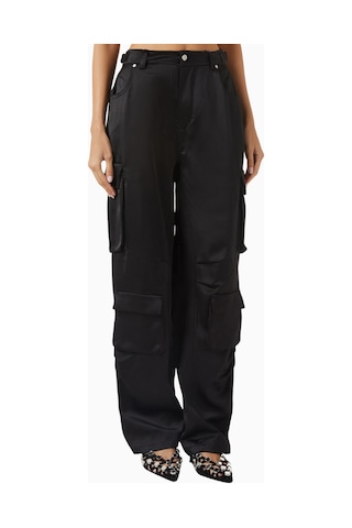 Maniere De Voir Emilie, Satin Geniş Paça Cargo Pantolon, Lüks Ve Fonksiyonel Tasarım Siyah
