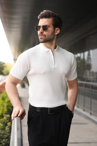 Madmext Beyaz Yarım Fermuar Detaylı Polo Yaka Triko Erkek Tişört E7492