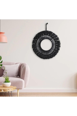Pazly Yuvarlak Suntek Saçak Püskül-24cm Makrome Magideal Boho Ayna Asılı Jw Siyah