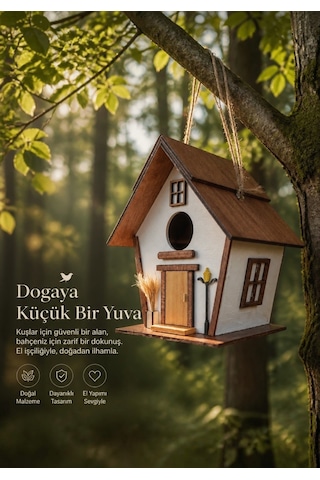 El Yapımı Ahşap Kuş Yuvası Dekoratif Kuş Evi Bahçe Balkon Dekorasyon Vernikli Kızılağaç