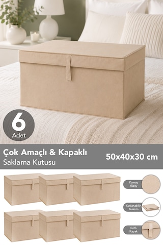 6'lı Set Maxi Boy Hurç - Çok Amaçlı Organizer Kapaklı Saklama Kutusu 50x40x30cm Bej
