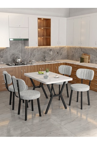 Azra 70x110cm Beyaz Mutfak Masası, Mutfak Masası Takımı, Yemek Masası, 4 Açık Gri Sandalye Açık Gri