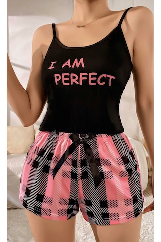 Motto10 Butik Kadın Siyah Kare Desenli Askılı Şortlu Pijama Takım 5012
