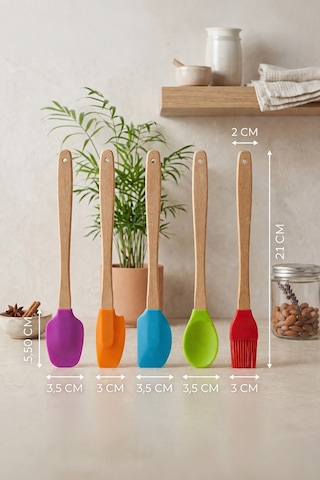 5'li Silikon Ve Bambu Saplı Mutfak Gereçleri Seti-spatula,fırça Servis Maşa Seti Çok Renkli