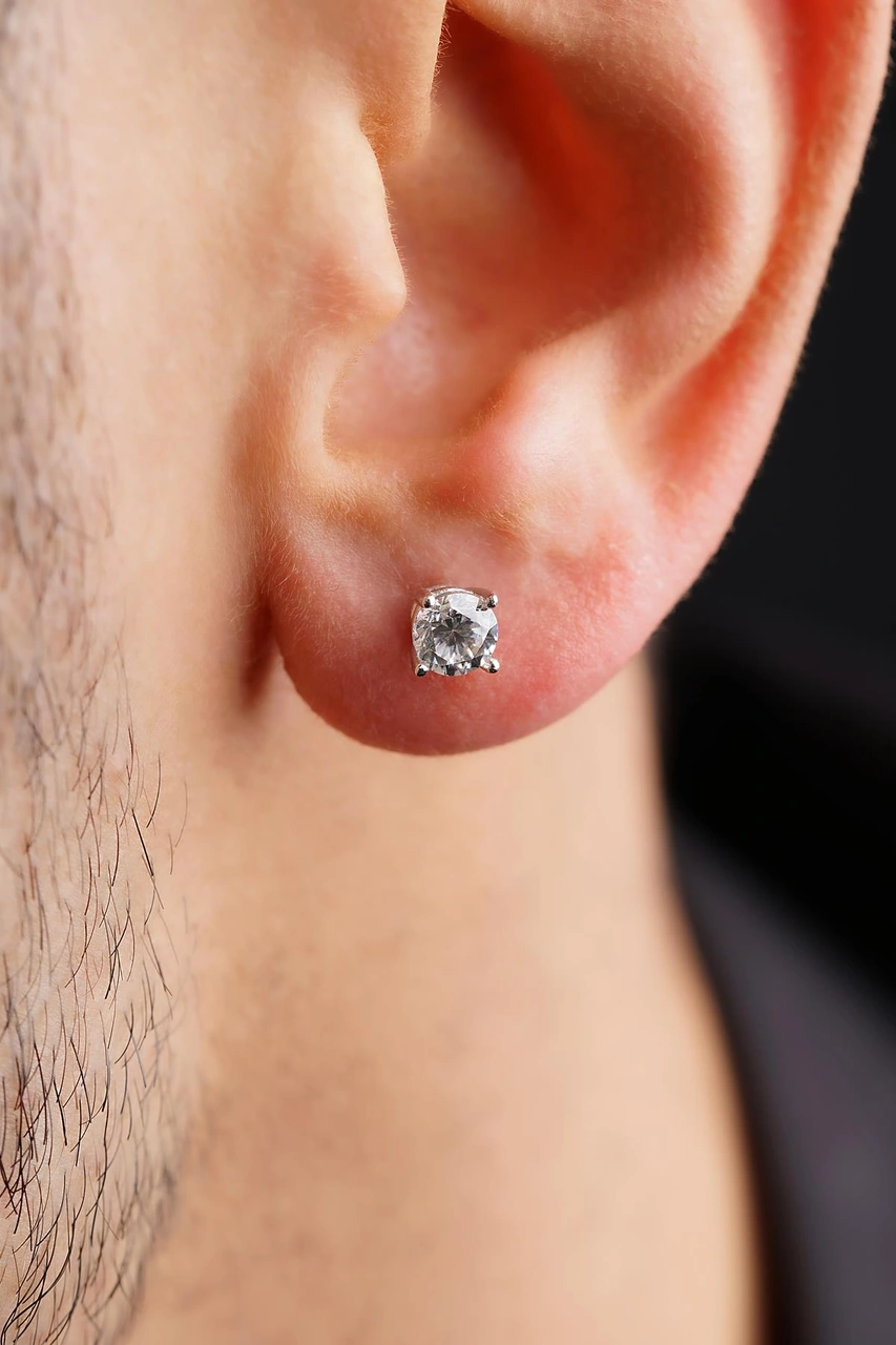 14 Ayar Altın Tektaş Küpe Erkek Kp5970 Beyaz Altın