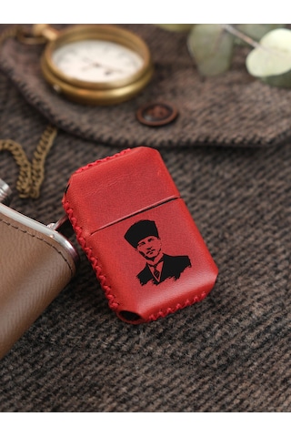 Vagave Kırmızı Renk Hakiki Deri El Yapımı Zippo Benzinli Çakmak