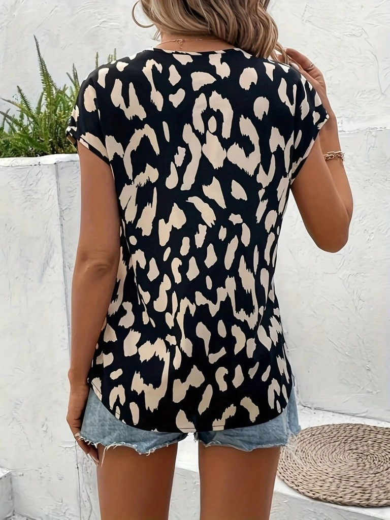 Emh Store Kadın Kısa Kollu V Yakalı Desenli Süprem Bluz Desenli