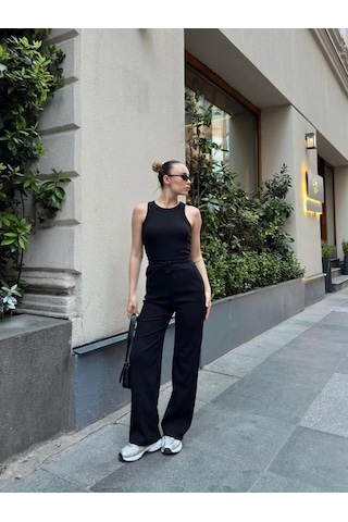 Defymoda Kadın Kaşkorse Kumaş Atlet Ve Yüksek Bel Bol Paça Pantolon Ikili Takım Siyah