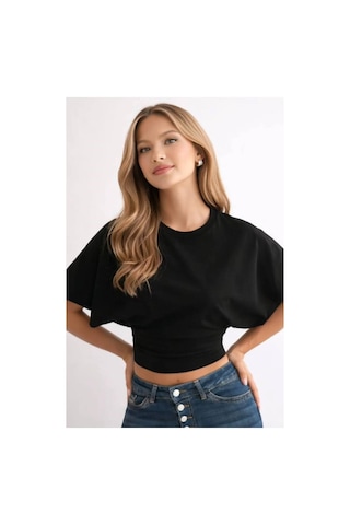 Mayrem Kadın Siyah Yarasa Kol Drapeli Crop Bluz Mayrem Kadın Siyah Yarasa Kol Drapeli Crop Bluz