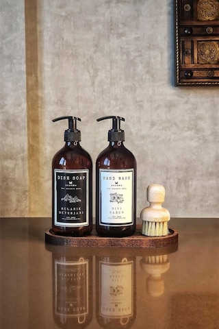 Khakma Ahşap Standlı Sıvı Sabunluk + Bulaşık Deterjanı Şişesi 2'li Set Amber