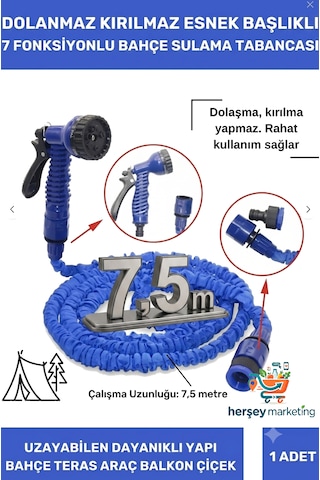 Uzayan Bahçe Hortumu 7.5 Metre Ayarlanabilir Tabancalı Premium Sulama Hortumu Bahçe Hortumu 7 Fonksiyonlu Sulama Başlığı 1