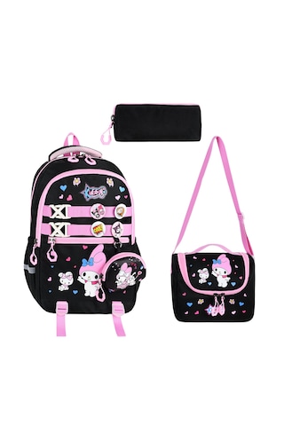 My Melody Baskılı Aksesuarlı Ortopedik Su Geçirmez Ultra Lüx Okul Çantası Termal Beslenme Ve Kalemlik Siyah
