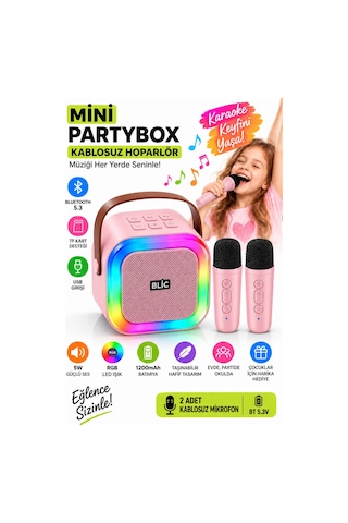 Blic Bls-97 Pembe Partybox Çift Kablosuz Mikrofonlu Rgb Led Işıklı Taşınabilir Bluetooth Hoparlör