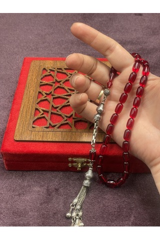 Alpaka Püsküllü Kapsül Kesim Kırmızı Ateş Kehribar Tesbih 7x11 Mm