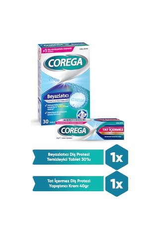 Corega Protez Beyazlatıcı Tablet 30'lu + Tat İçermez Protez Yapıştırıcı Krem 40 G