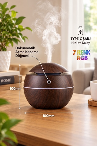 Şarjlı Led Işıklı Ultrasonik Hava Nemlendirici Buhurdanlık Ev Ve Araç İçin Usb Port Ceviz Renk Mini Boy Aromaterapi Difüzör