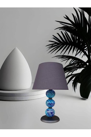 Üç Toplu Abajur Mavi Çini Siyah Şapka Mavi