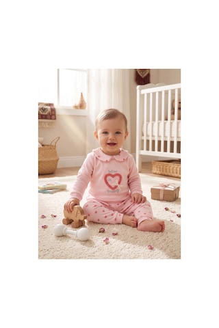 Deniva Kids Kız Bebek Pembe Bebe Yaka Kalp Baskılı Ve Nakış Detaylı Pamuklu 2'li Alt Üst Takım