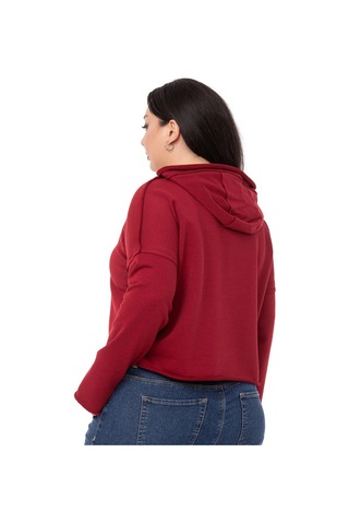 Büyük Beden Kapüşonlu Düşük Kollu Pis Dikişli Üç İplik Bordo Sweatshirt-bordo Bordo