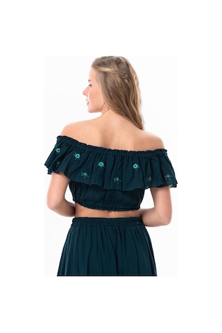 Lavinya Vual Lastik Detaylı Nakışlı Yazlık Crop Bluz Petrol Ptrl-petrol Petrol