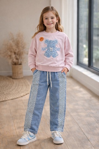 Uğur Bebe Pembe Pullu Esnek Sweatshirt Ve Geniş Paça Kot Pantolon Kız Çocuk Bayramlık Takım Pembe Mavi Pembe Mavi