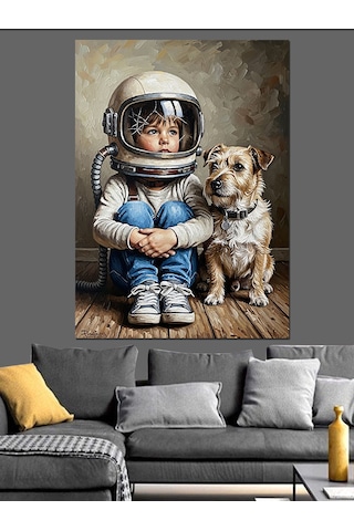 Ahşap Tablo Astronot Çocuk Ve Köpek Dostu Hayvan Tabloları