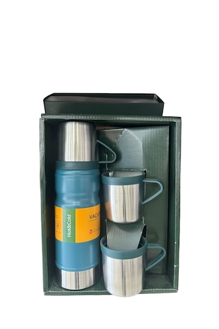 Thermohis 6158 Çelik Termos 3 Bardaklı Set Mavi