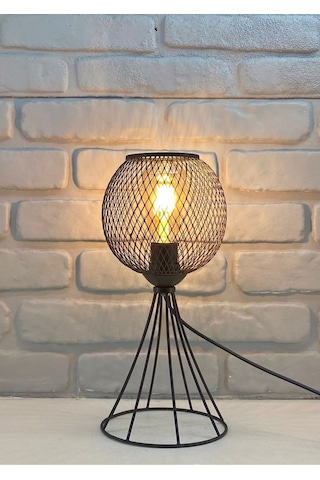 Siyah Metal Tel Ayaklı Hasır Küre Tel Şapkalı Abajur Masa Lambası Siyah