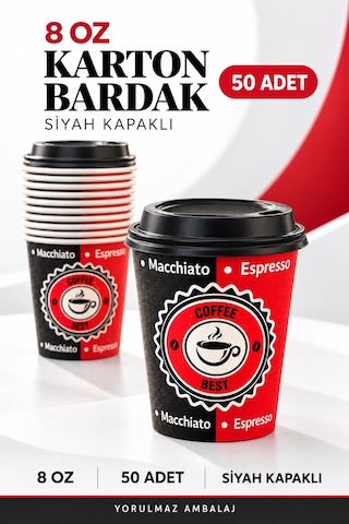 8 Oz Kapaklı Karton Bardak 50 Adet Sıcak Soğuk İçecek Uyumlu Kapaklı Kağıt Bardak Renkli