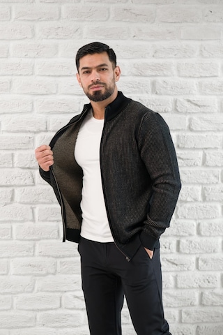 San&fa Dik Yaka Çizgili Fermuarlı Regular Fit Yünlü Triko Hırka Siyah