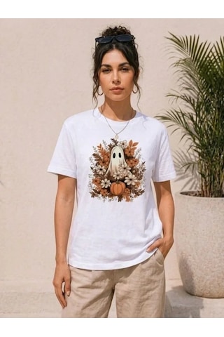 Defymoda Balkabağı Hayalet Baskılı Tişört Kısa Kol Yazlık T-shirt - Beyaz