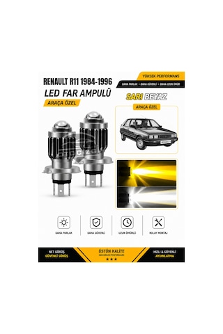 Renault R11 1984-1996 H4 Led Far Ampulü Sarı-beyaz Işık Canbus Mini Lensli 2'li Set