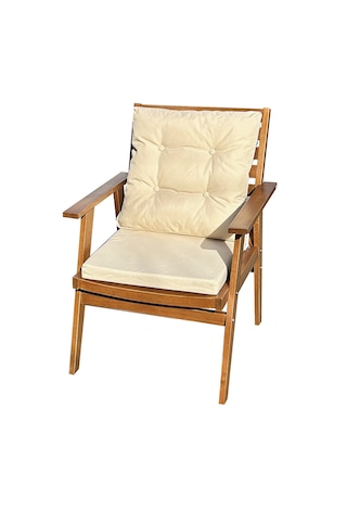 Heybeli Ahşap Bahçe Balkon Sandalyesi Düğmeli Minderli Ahşap