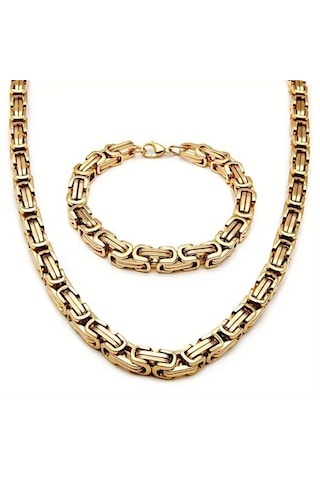 Gold Renk Tamamı Saf Çelik Kral Model Erkek Kolye Bileklik Set 4m