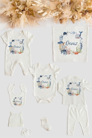 Lilabio %100 Organik Isme Özel Isimli 10lu Hastane Çıkışı Deniz Canlıları Ekru