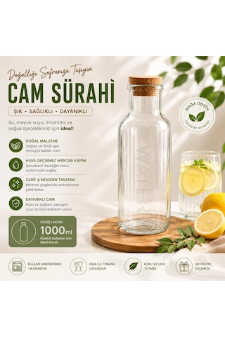 Ciho Cam Sürahi 1000 Ml 1 Litre Mantar Kapaklı Sürahi Karaf