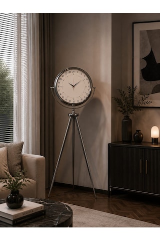 Krom 24 Saat Göstergeli 150 X 45 Cm Metal Özel Tasarım Tripod Ayaklı Saat