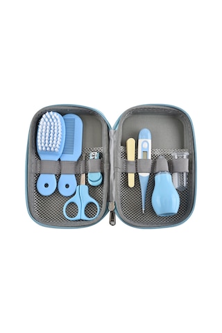 Vkemall Bebek Bakım 8'li Set: Tırnak Kırıcı, Fırça, Tarak, Burun Emici, Parmak Fırçası, Elektronik Termometre + Depolama Kutusu Mavi