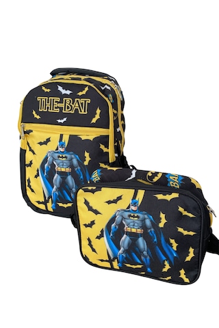 İlk Okul Çantası 2'li Set Ilkokul Çantası Batman Desenli Yüksek Kaliteli Okul Çantası Siyah