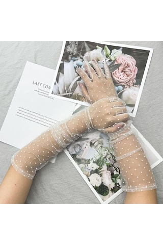 Uzun Boy Beyaz Puantiyeli Beyaz Renk Yetişkin Tül Eldiven Gelin Tül Eldiveni 55 Cm Çok Renkli