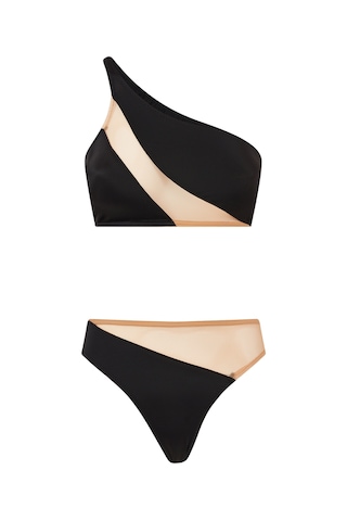 Norma Kamali Yılan Desenli Tek Omuz Bikini Üstü Siyah